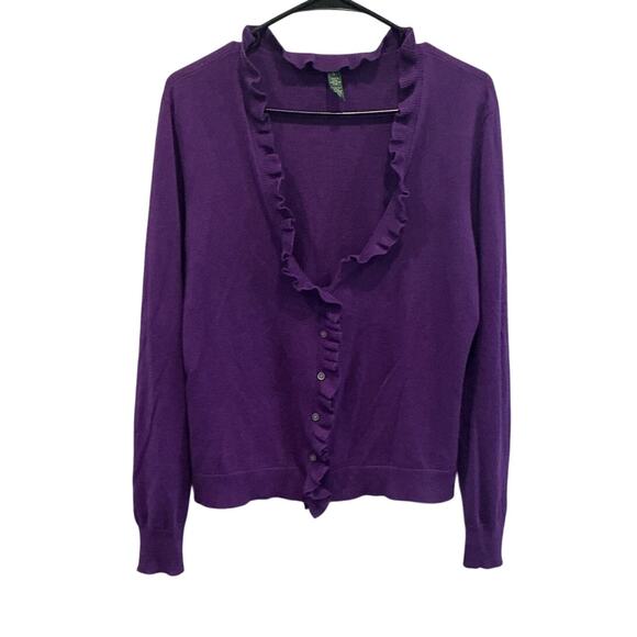 Ralph Lauren Womens Ruffle Neck Cashmere Blend Cardigan Sweater Aubergine Purple - Picture 1 of 7